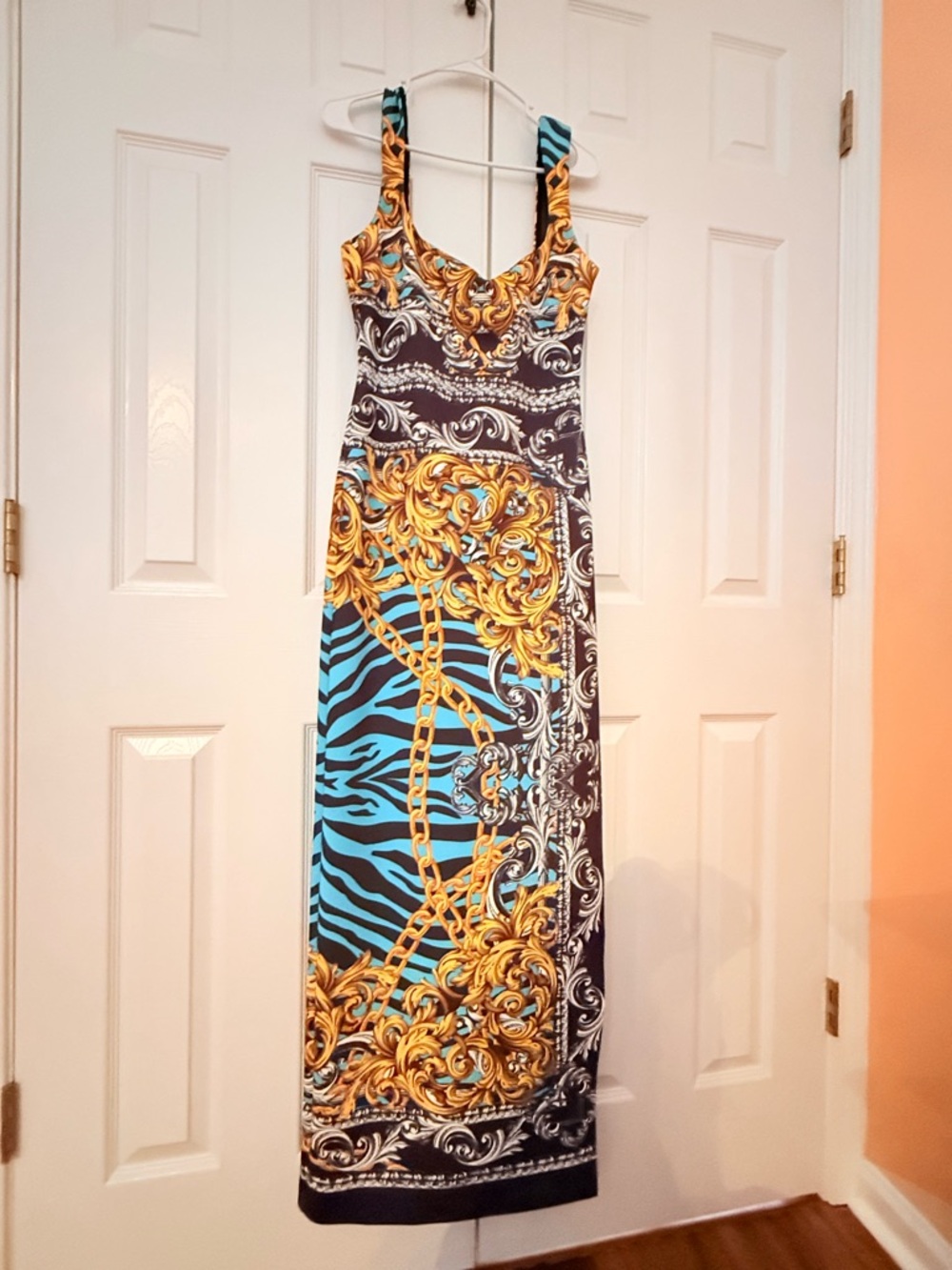 Marciano Turquoise, Black & Gold Chain-Print Sleeveless Maxi Dress